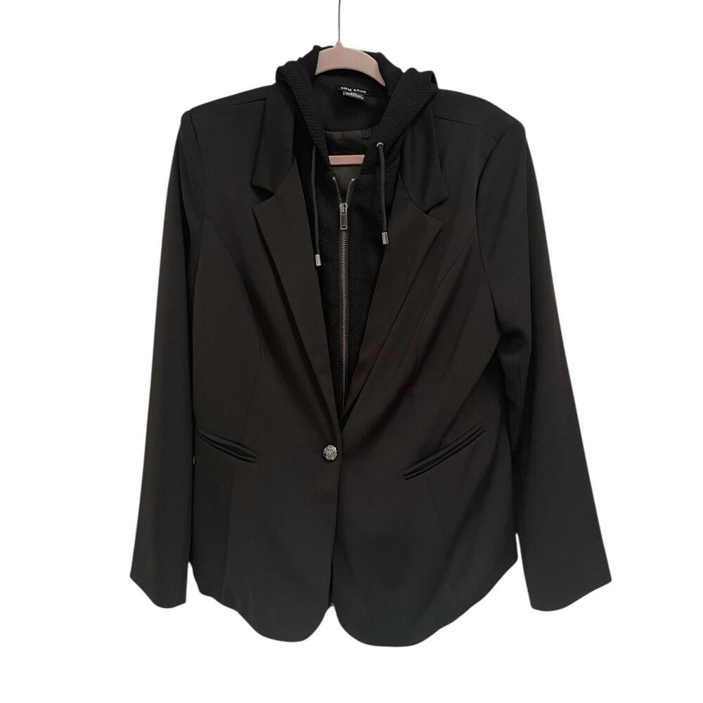 City Chic Blazer Jacket Womens S 16 Black Layered Hoodie Work Casual